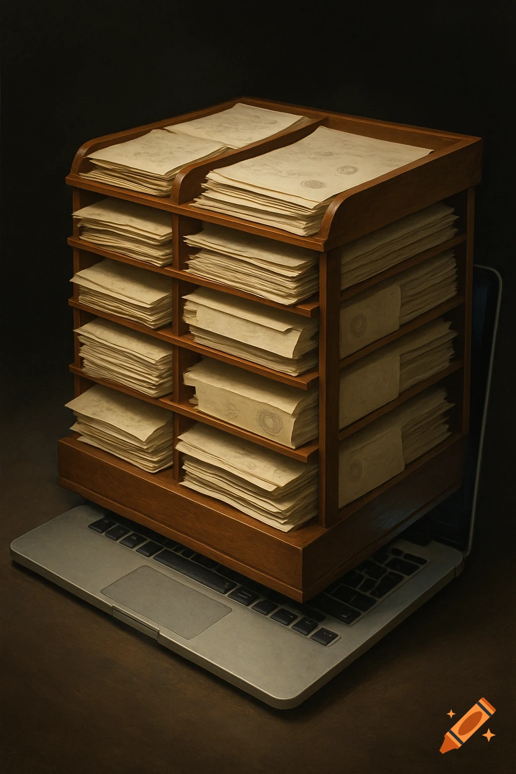 A wooden document shelf full of old papers sits on an open laptop in a dimly lit setting.