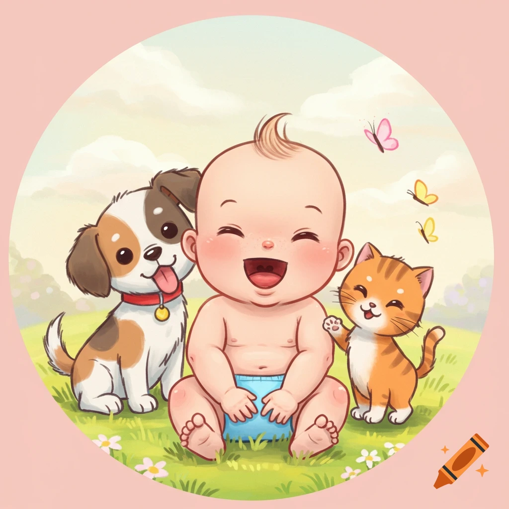 A cute cartoon illustration of a laughing baby in a diaper, a puppy, and a kitten sitting together in a grassy field with butterflies.
