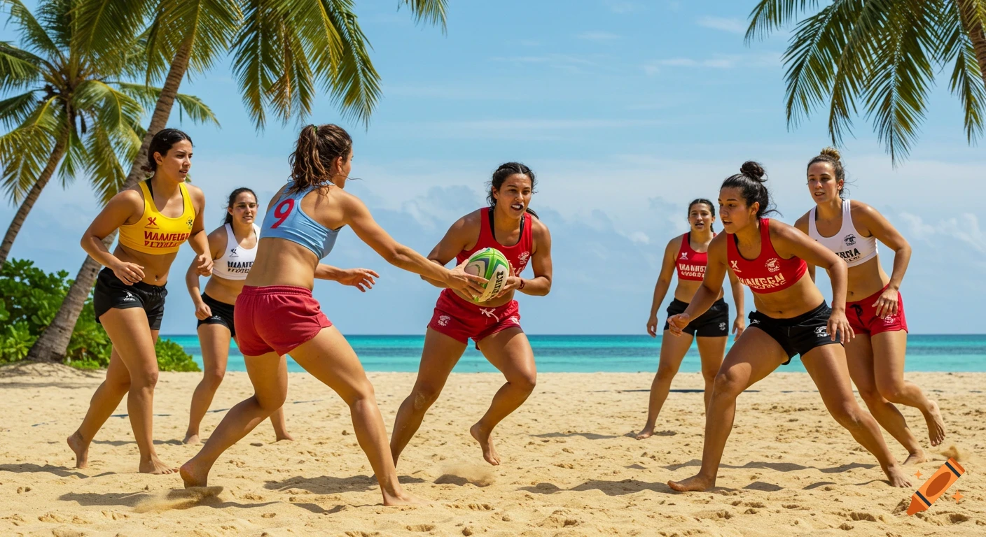 Photorealistic image of athletic women playing beach rugby, passing a ball on a sandy tropical beach with palm trees and turquoise water.