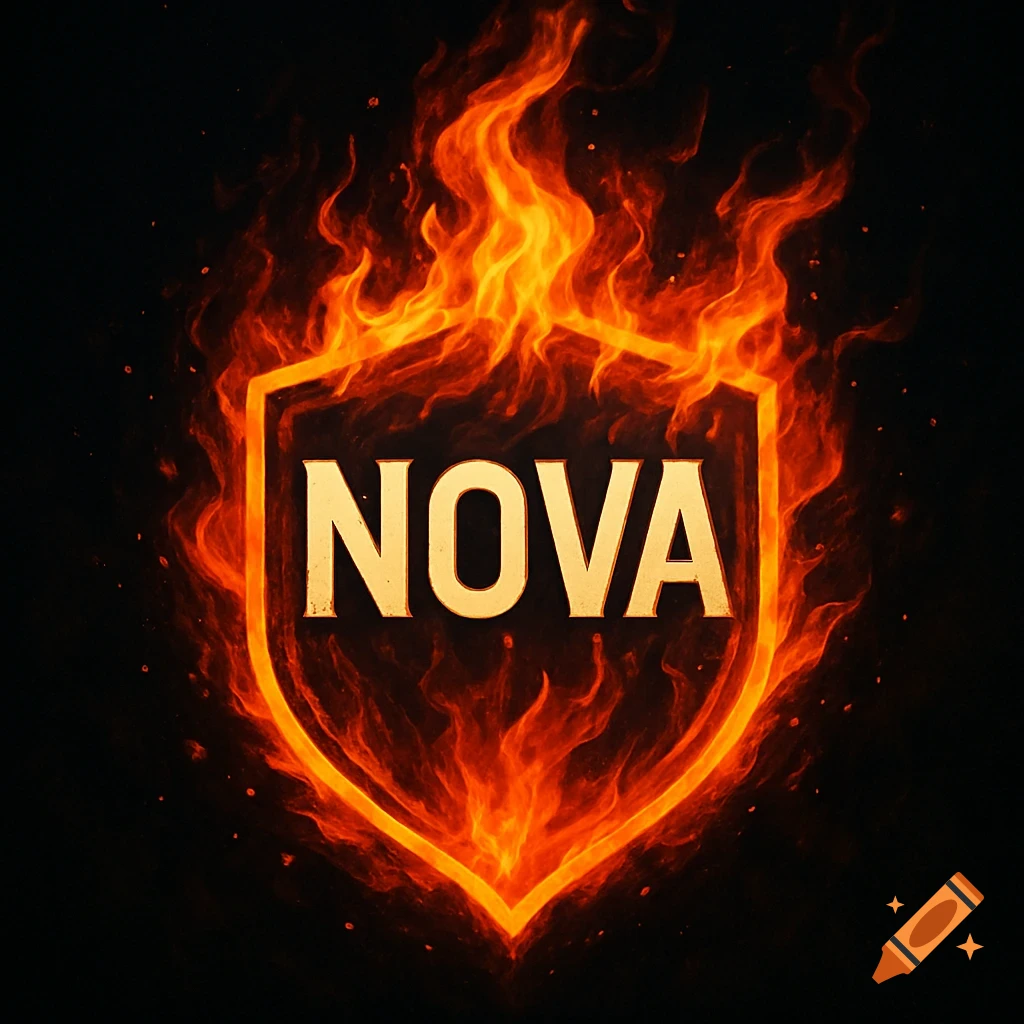 A golden shield with the word NOVA engulfed in orange and red flames on a black background.