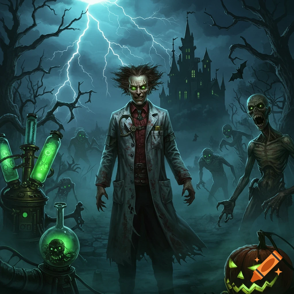 A mad scientist with glowing green eyes, wild hair, and bloody lab coat stands before a haunted castle, surrounded by zombies and lab equipment.
