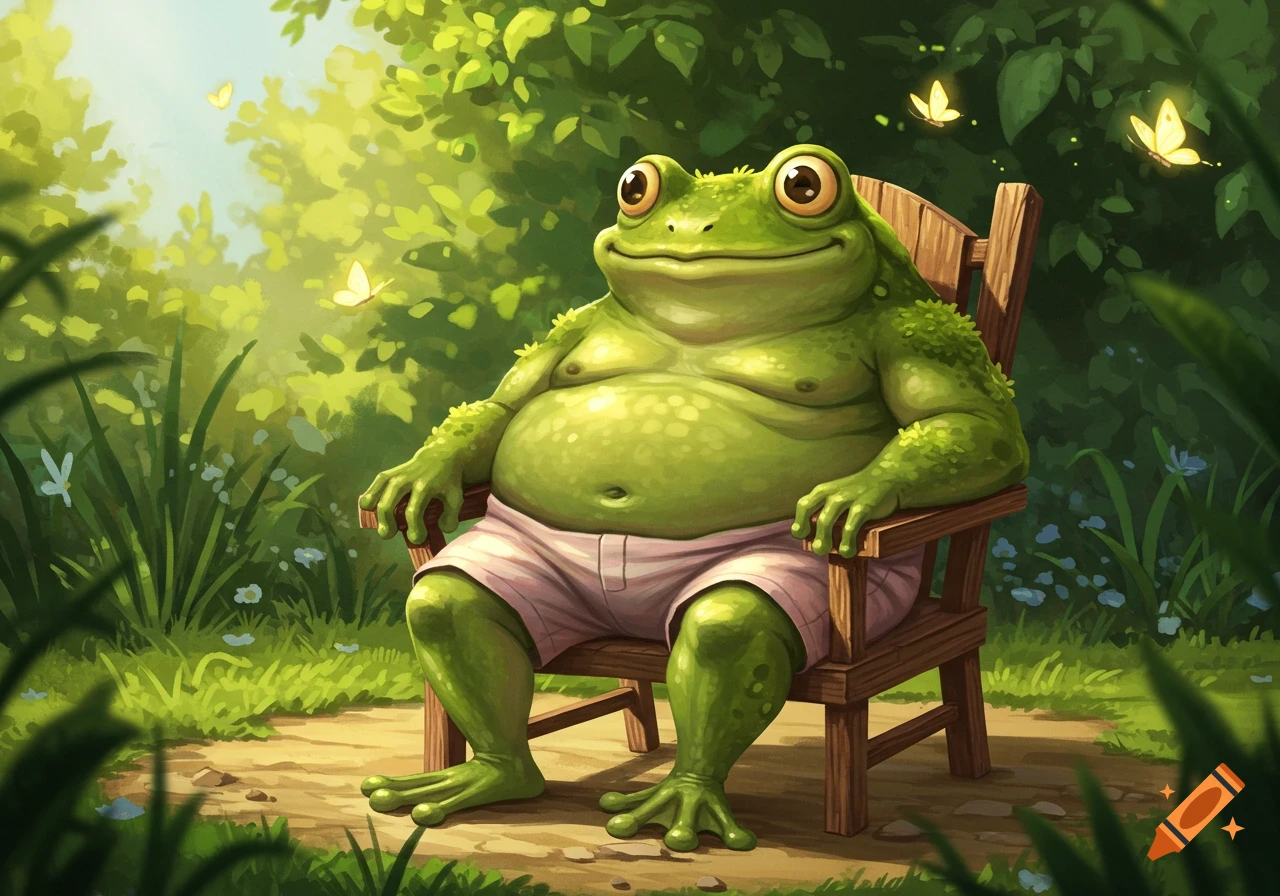 Smiling fat green frog-man in pink shorts sits in a wooden chair in a sunny, lush garden with butterflies, cartoon illustration.