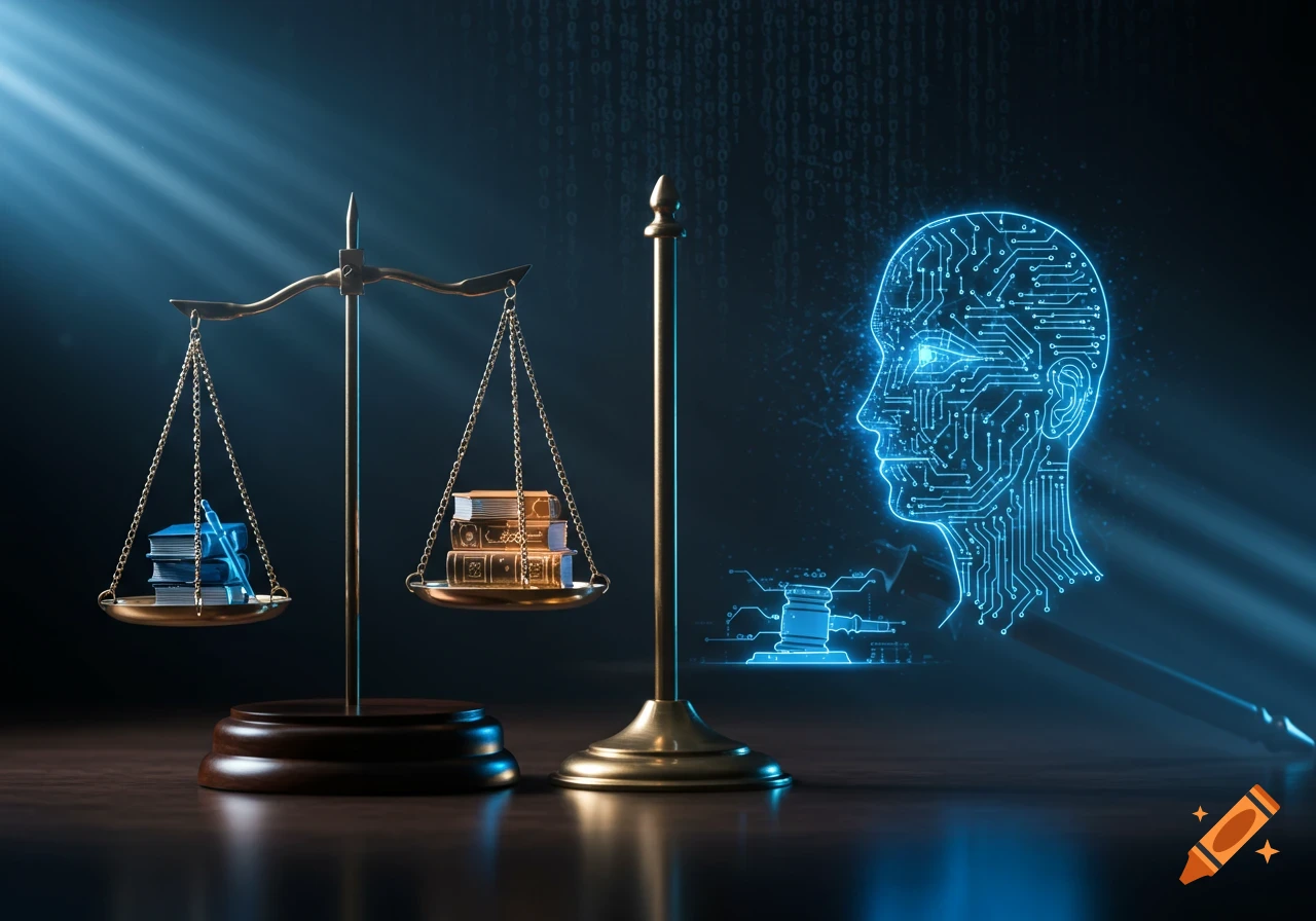 A scale of justice with books on one side and a glowing blue circuit board head on the other, symbolizing AI and law in a dark, futuristic setting.