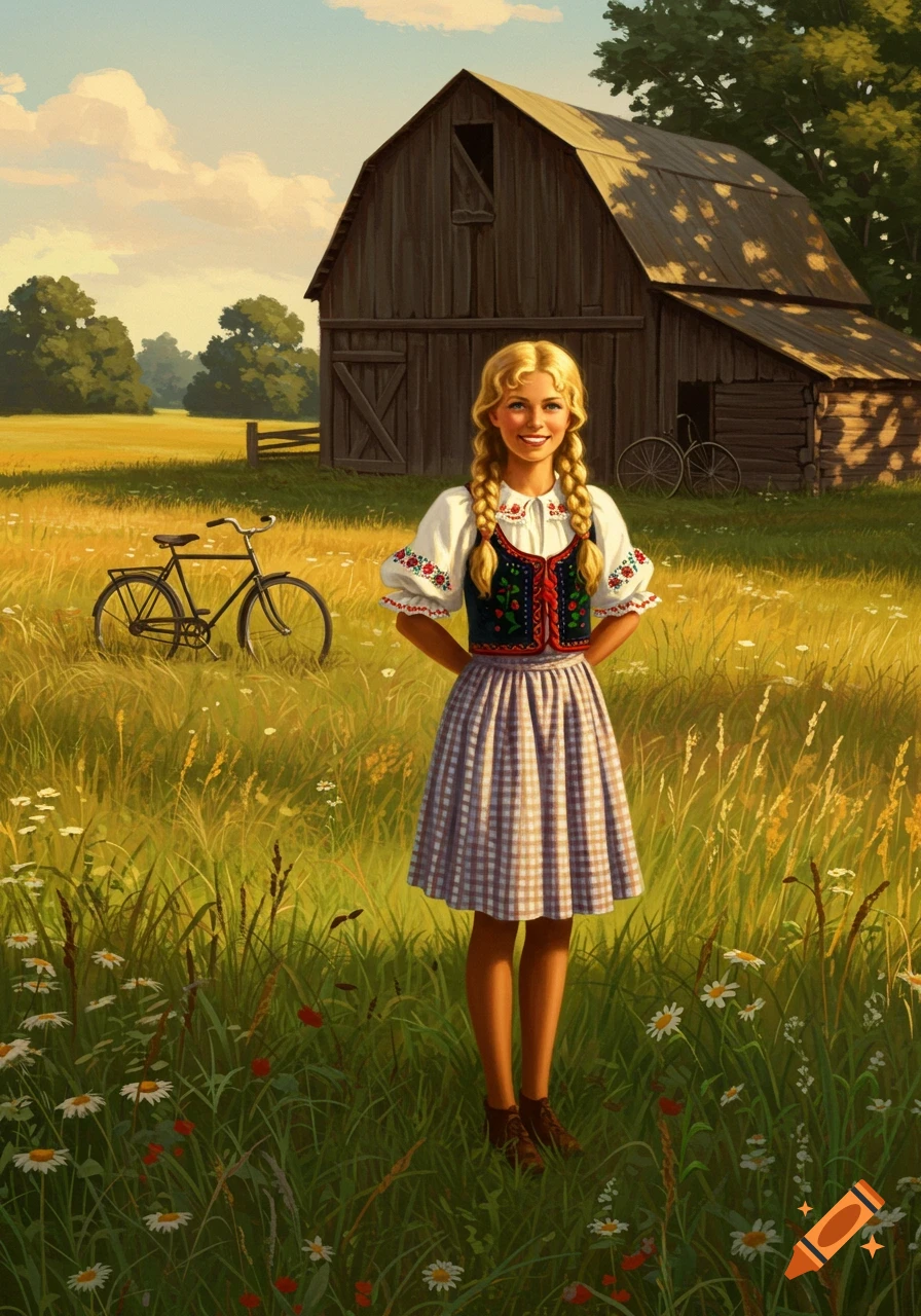 Smiling blonde woman in traditional folk dress stands in a sunny field with a rustic barn and bicycles, digital painting.