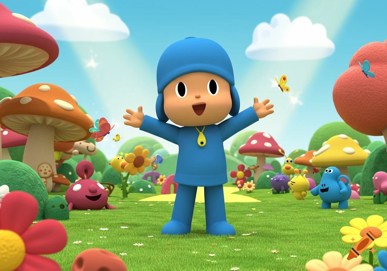 Pocoyo stands in a vibrant green field with colorful mushrooms, butterflies, and cartoon animal friends under a blue sky.