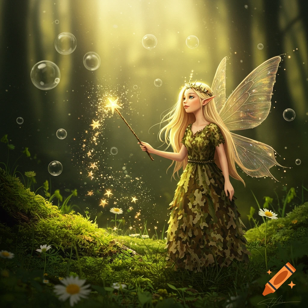 A blonde fairy with a crown and camouflage dress casts magic with a star-tipped wand in a sunlit forest with bubbles.