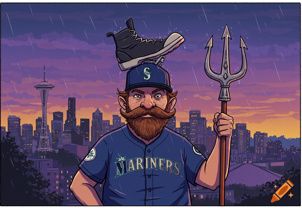 Cartoon man in Seattle Mariners uniform with a shoe on his head and a trident, rainy city skyline at sunset, comic illustration.