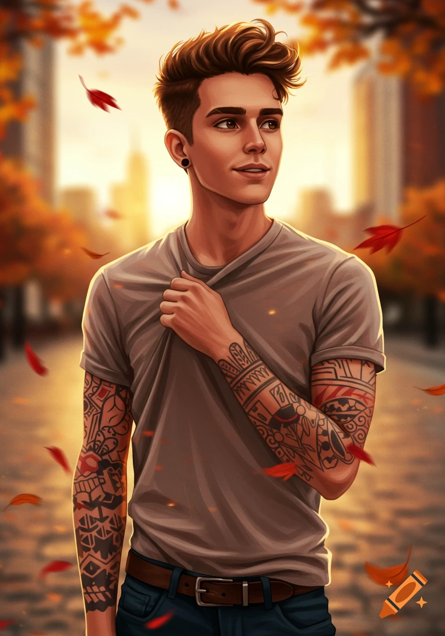 Stylized illustration of a young man with brown hair and tattoos, wearing a t-shirt, standing in an autumn city street with falling leaves.