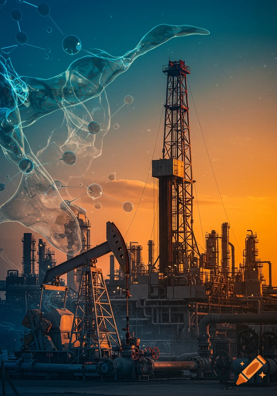 An oil drilling rig, a pumpjack, and a refinery against an orange sunset sky, with glowing blue molecular structures floating above.