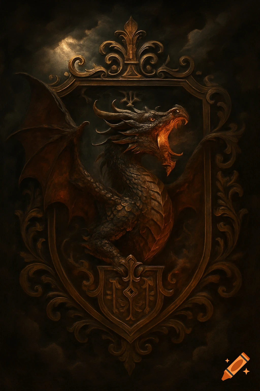 Dark fantasy illustration of a roaring dragon with glowing mouth and eyes, depicted within an ornate golden crest against a stormy sky.