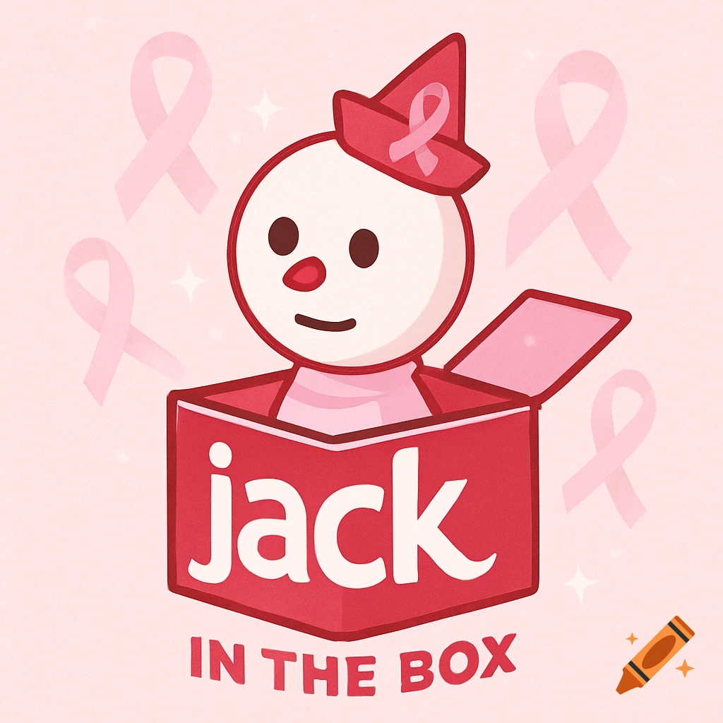 Cartoon Jack in the Box character in a red box with a pink hat and breast cancer awareness ribbons on a pink background.