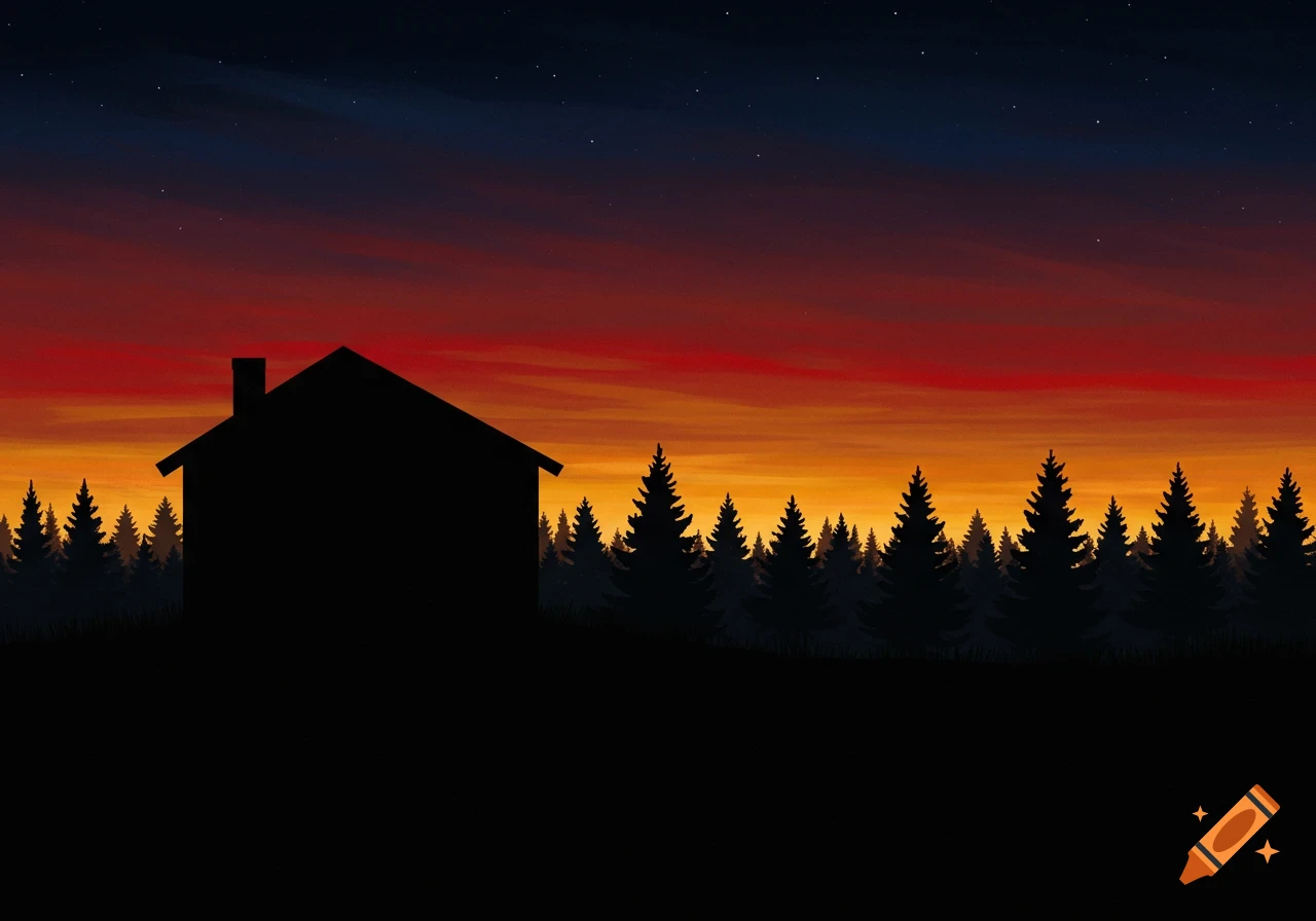 Silhouette of a house and coniferous trees against a vibrant red, amber, and dark blue dusk sky with stars.