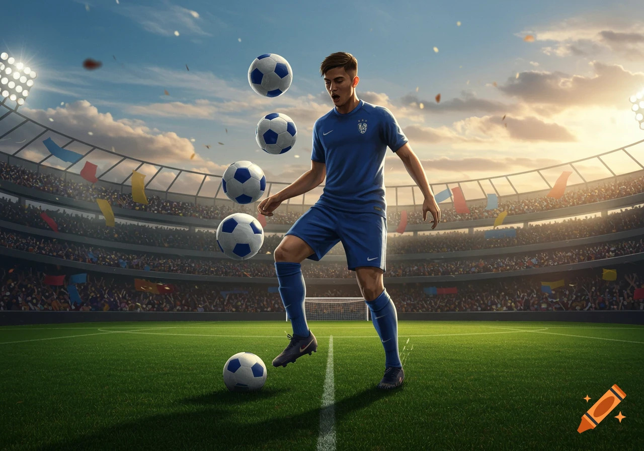 A male soccer player in a blue uniform juggles five soccer balls on a green field in a stadium under a cloudy sunset sky.