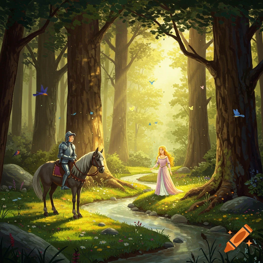 A knight on horseback meets a maid in a sunlit forest next to a winding stream, in a children's book illustration style.