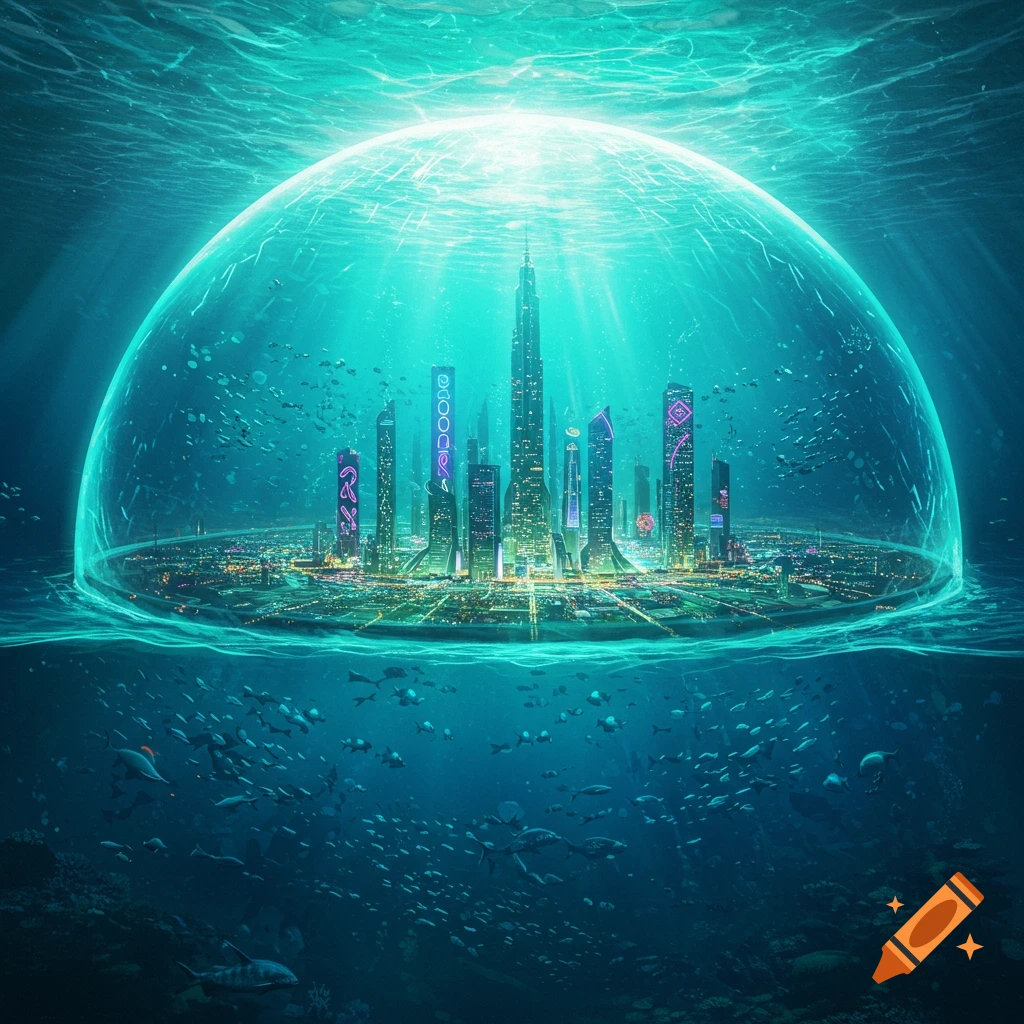 A vibrant futuristic city under a glowing dome at the bottom of the ocean, surrounded by schools of fish.