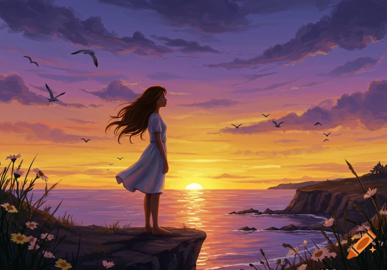 An illustration of a girl with long hair standing on a cliff at sunset, overlooking the ocean with birds flying and colorful clouds.
