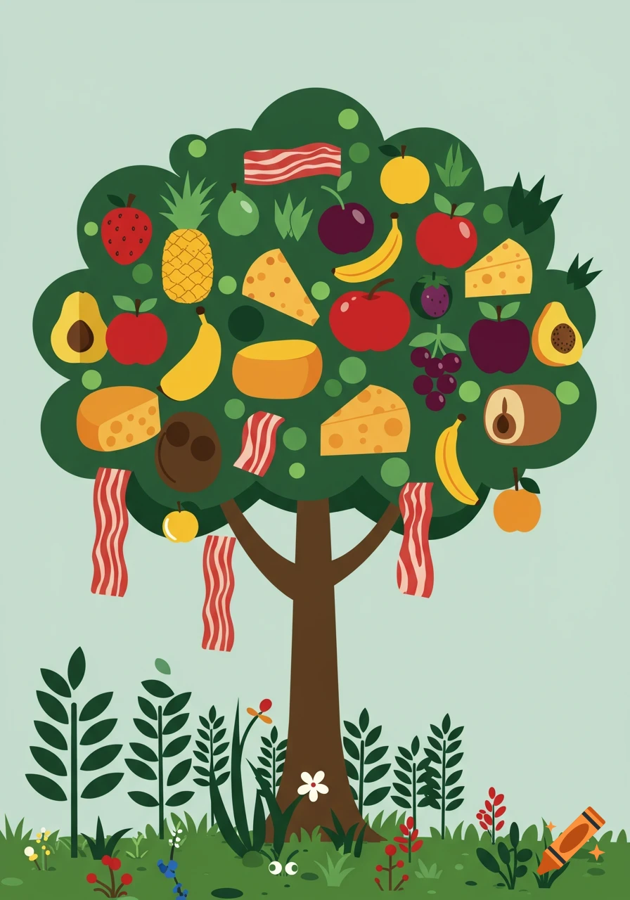 A whimsical, cartoon illustration of a tree bearing various fruits, cheese, and bacon, standing in a grassy field.