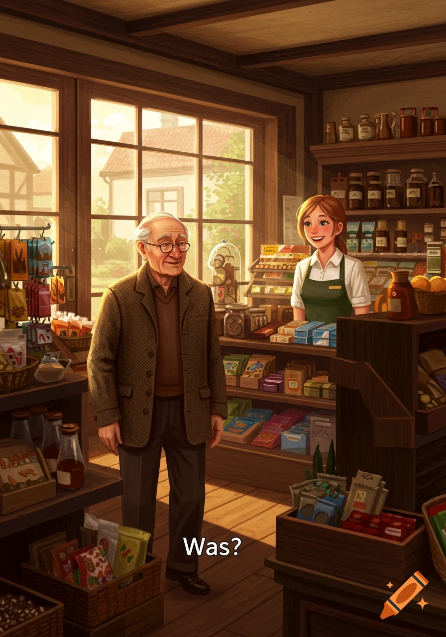 An old man stands in a brightly lit general store, looking at a smiling young female employee behind the counter. Text 'Was?' at the bottom.
