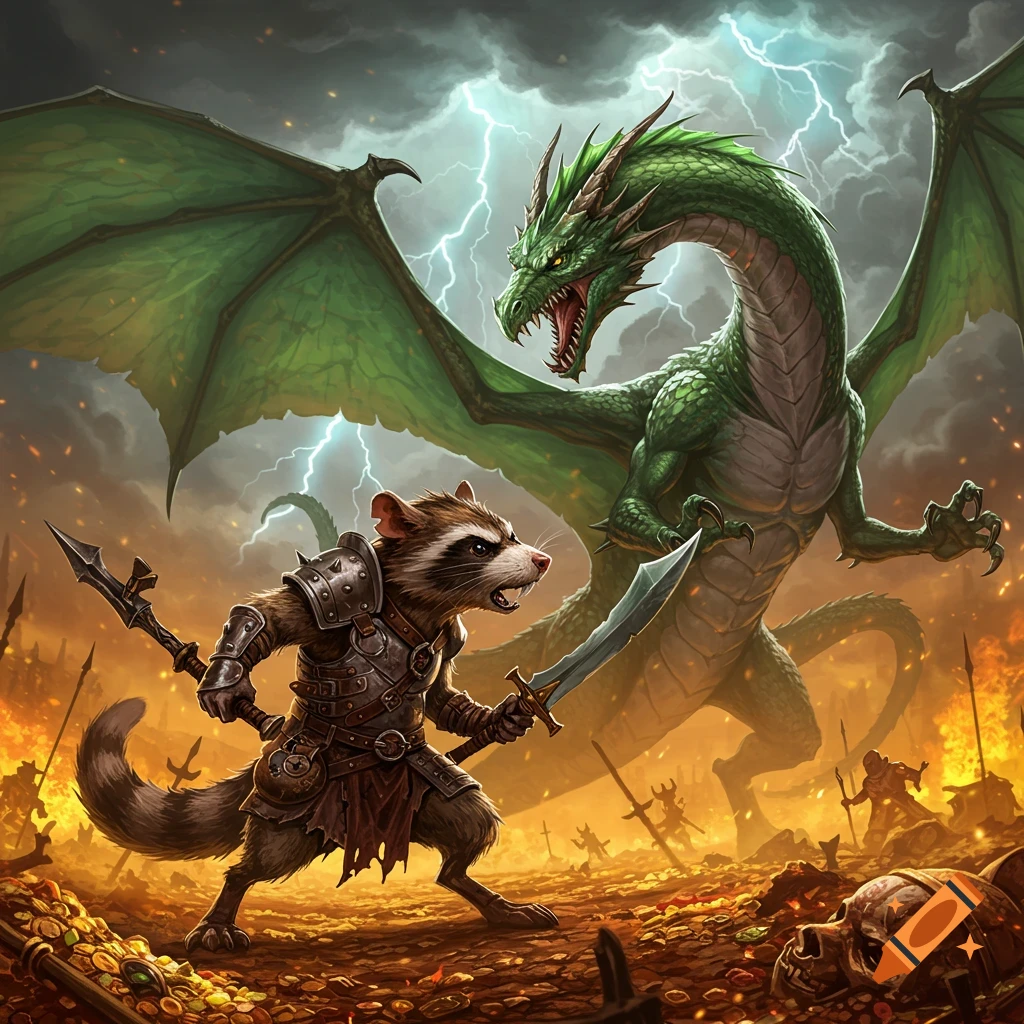 An armored, raccoon-like warrior with a sword and spear battles a fierce green dragon on a stormy, fiery battlefield with gold and skulls.