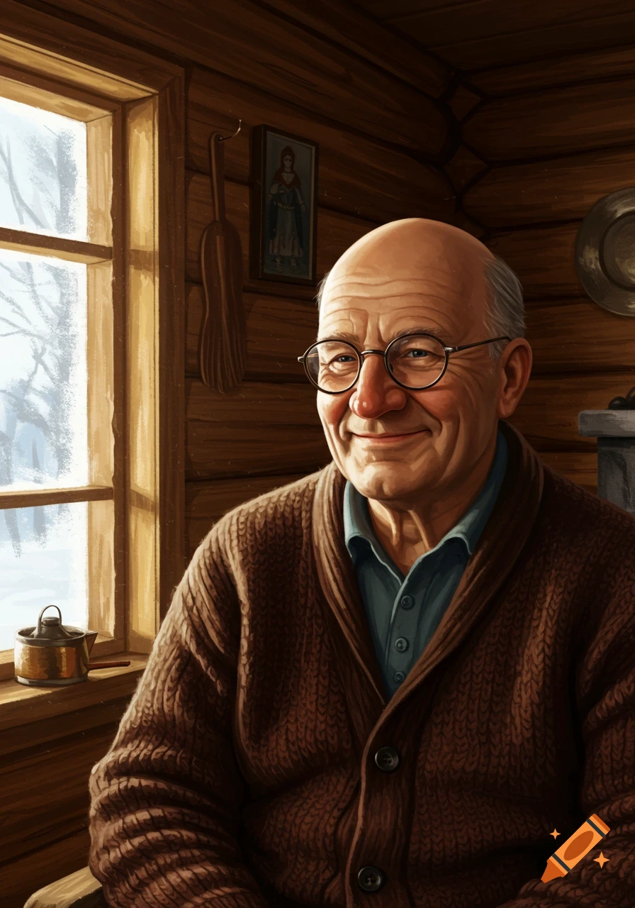 A smiling bald elderly man with glasses sits in a rustic wooden cabin by a window looking out to a snowy landscape.