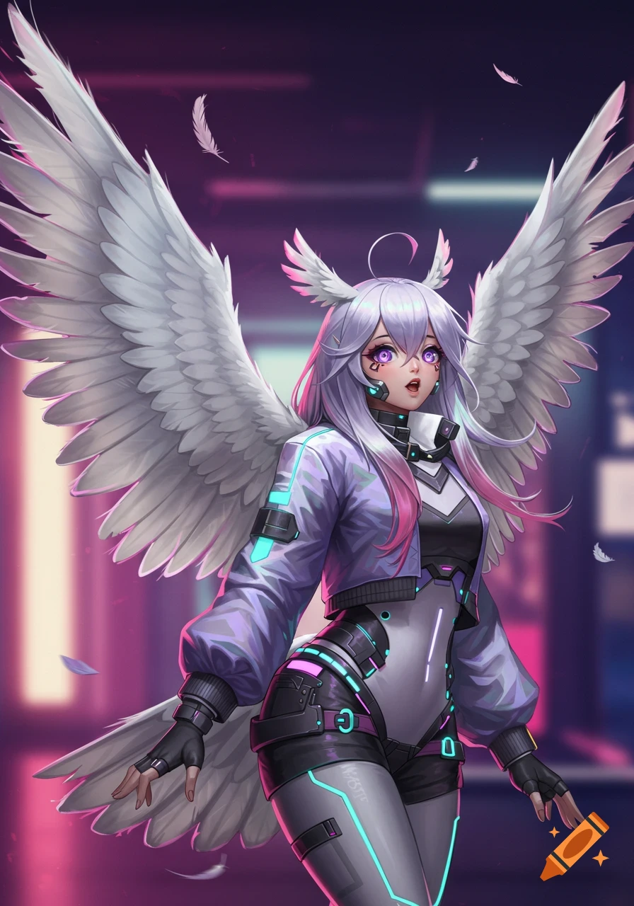 A white-winged female anime character in a purple cyberpunk jacket and black bodysuit stands against a neon-lit background.