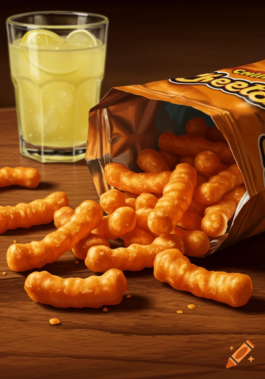 An open bag of Cheetos spilling cheese puffs on a wooden table next to a glass of lemonade with lemon slices.