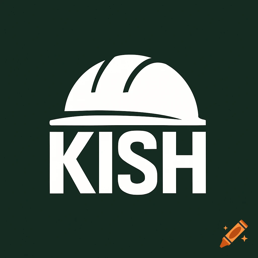 A minimalist white vector logo features a safety helmet above the bold text "KISH" on a dark green background.