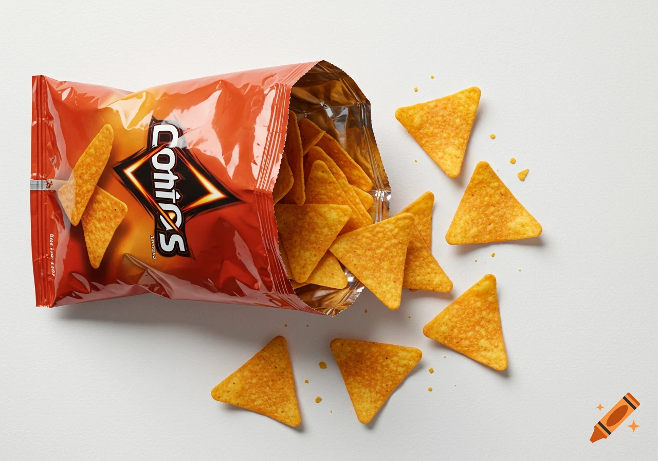 A top-down photorealistic shot of an open orange bag of tortilla chips spilling onto a white surface.
