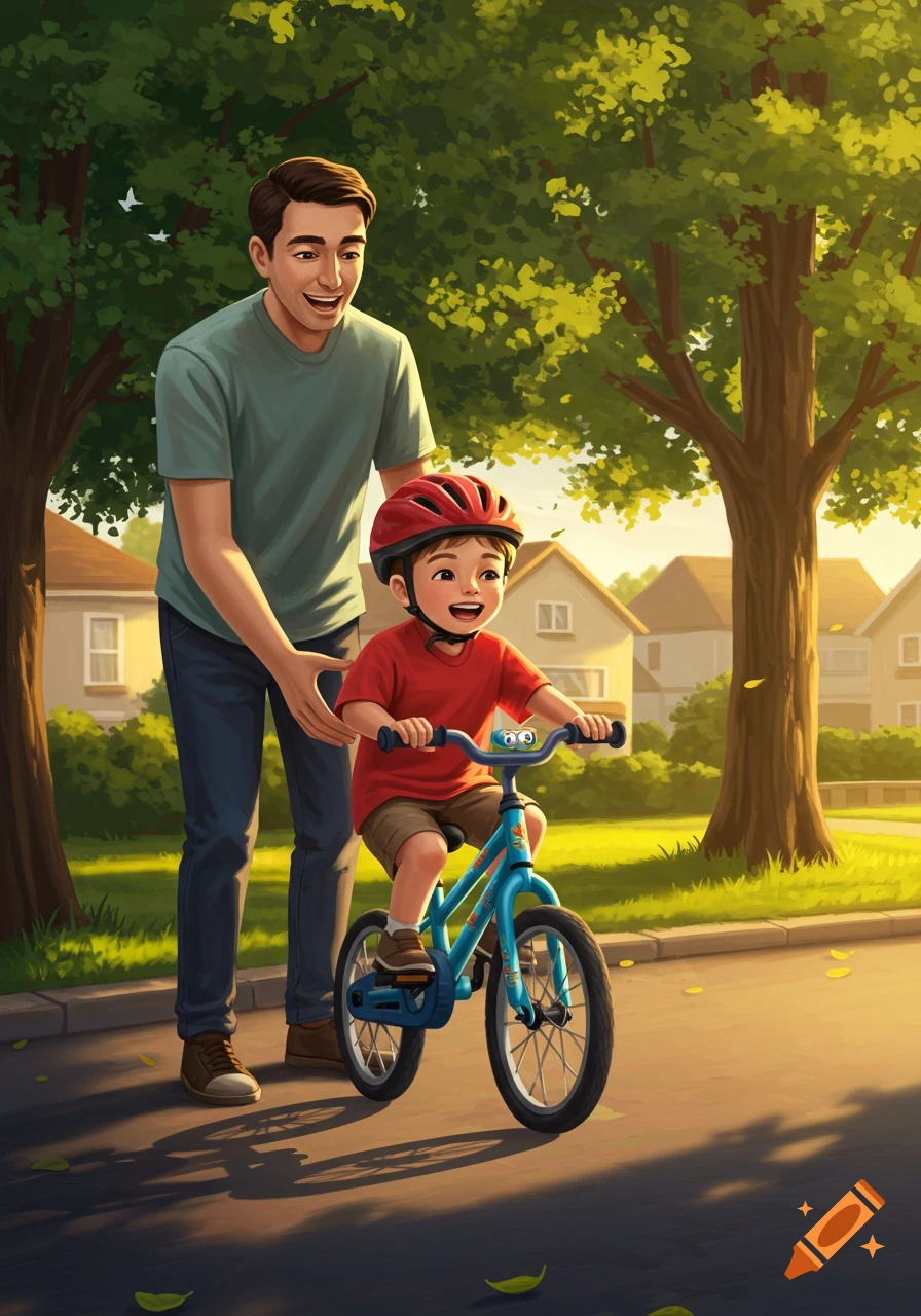 A father teaches his young son to ride a blue bicycle on a sunny street, in a vibrant digital illustration.