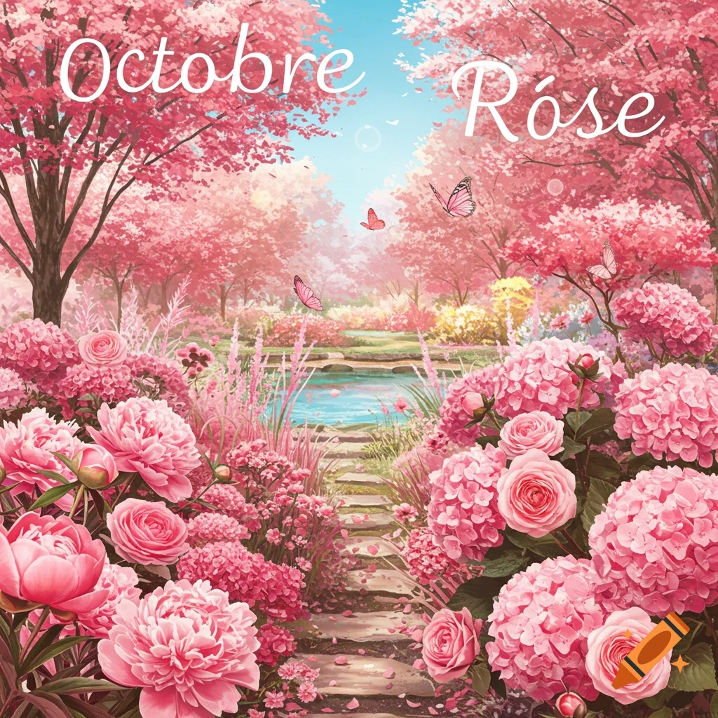A vibrant illustration of a pink flower garden with a path, a pond, butterflies, and the text 'Octobre Rose' against a blue sky.