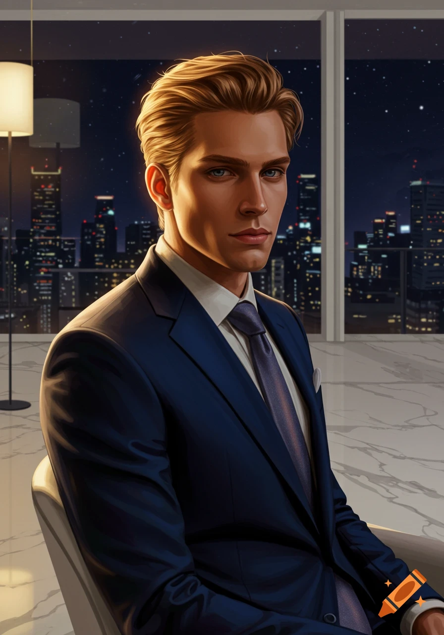 A semi-realistic digital art portrait of a blonde young man in a navy suit and tie, looking at the viewer, with a night city skyline in the background.