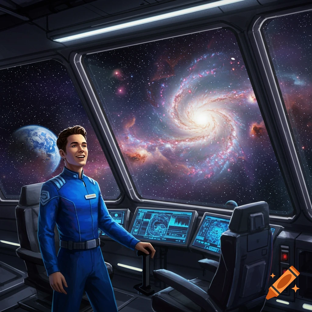 A young man in a blue uniform in a spaceship cockpit gazes at a vibrant spiral galaxy and a nearby planet.