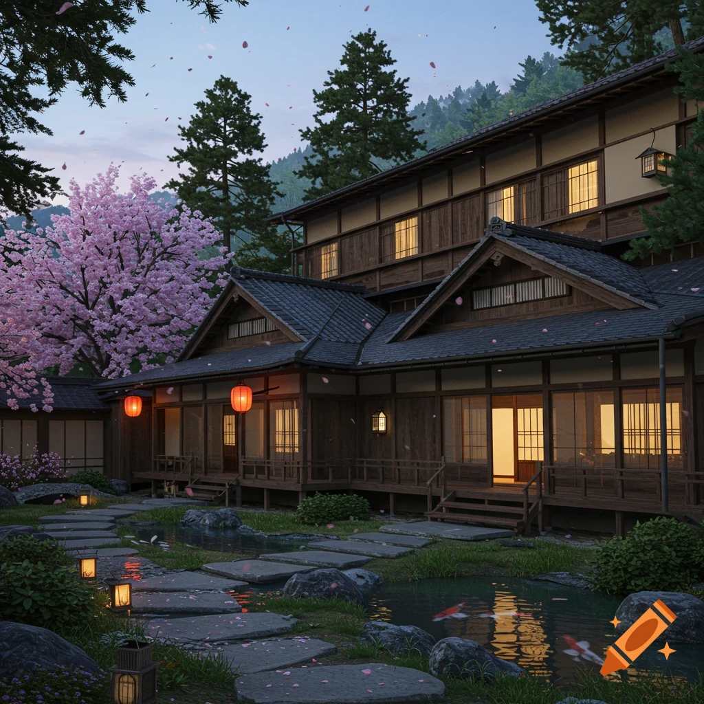 A serene traditional Japanese ryokan at twilight, with a blooming cherry blossom tree, a pond with koi fish, and stone stepping paths.