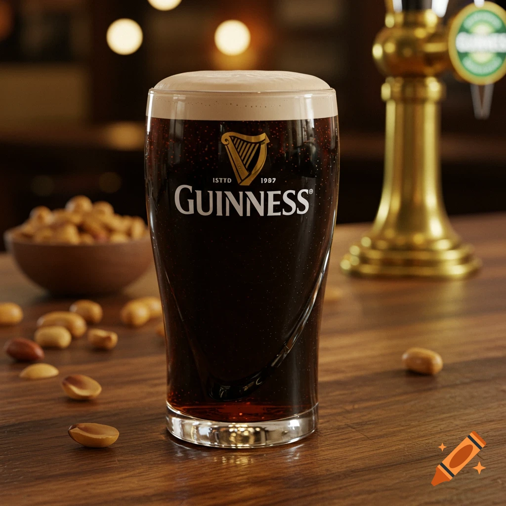 A close-up shot of a pint glass filled with dark Guinness beer and a thick foam head, surrounded by peanuts on a wooden bar counter. The glass has the Guinness logo and text.
