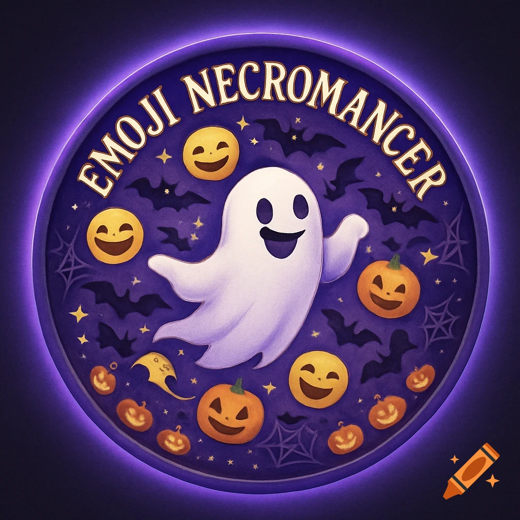 A circular purple Halloween badge with a friendly cartoon ghost, surrounded by smiling emojis, pumpkins, bats, and stars, with "Emoji Necromancer" text.