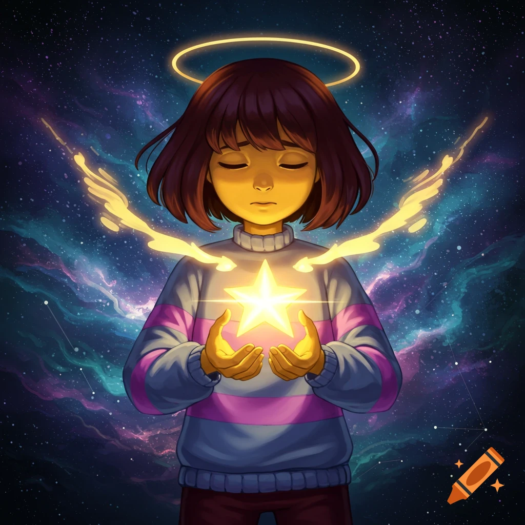 A stylized character with a halo and glowing wings holds a bright star against a vibrant cosmic background.