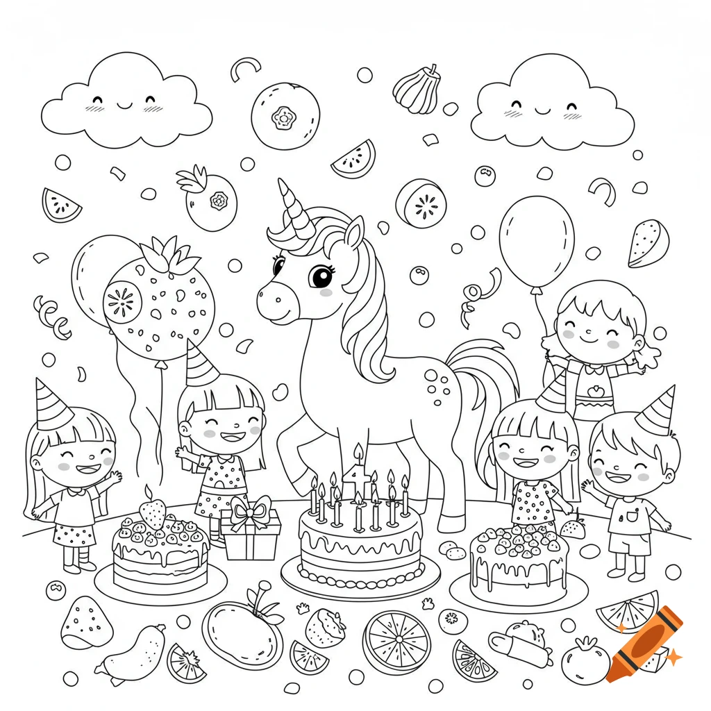 A black and white coloring page of a unicorn and children at a fruit-themed birthday party with a number 4 candle cake, surrounded by fruits and balloons.