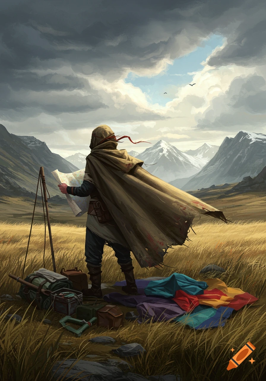 A cloaked figure stands in a vast grassy mountain valley, looking at a map, with travel gear beside them, in a digital painting style.