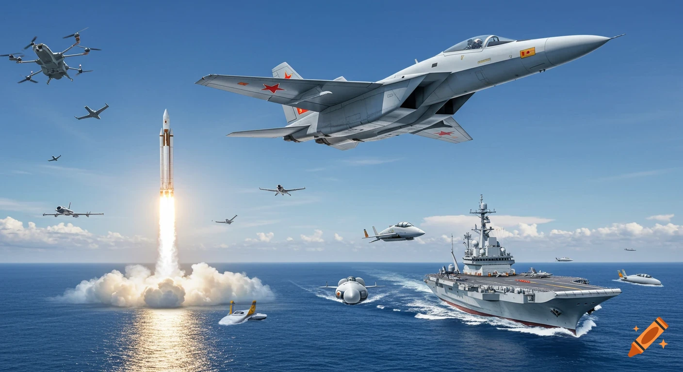 A photorealistic image showing a military jet fighter, drone, and several other aircraft flying above an aircraft carrier, smaller naval vessels, and a rocket launching from the ocean.