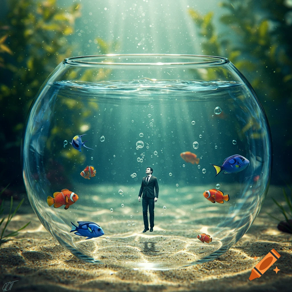 A tiny man in a suit stands inside a clear fishbowl with colorful fish and bubbles, bathed in light rays from above, on a sandy bottom.