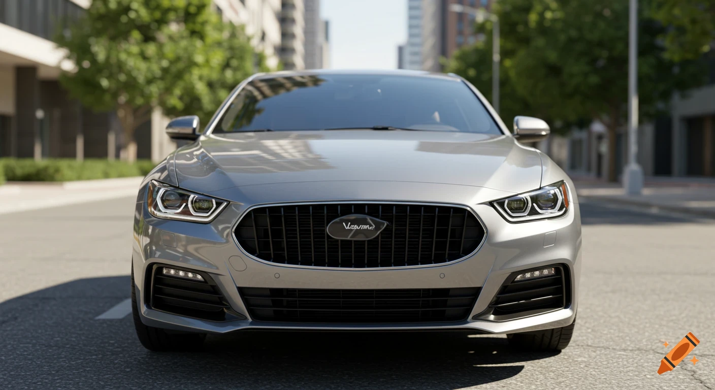 A photorealistic front view of a sleek, silver sedan with unique headlights, parked on an urban street with buildings and trees in the background.