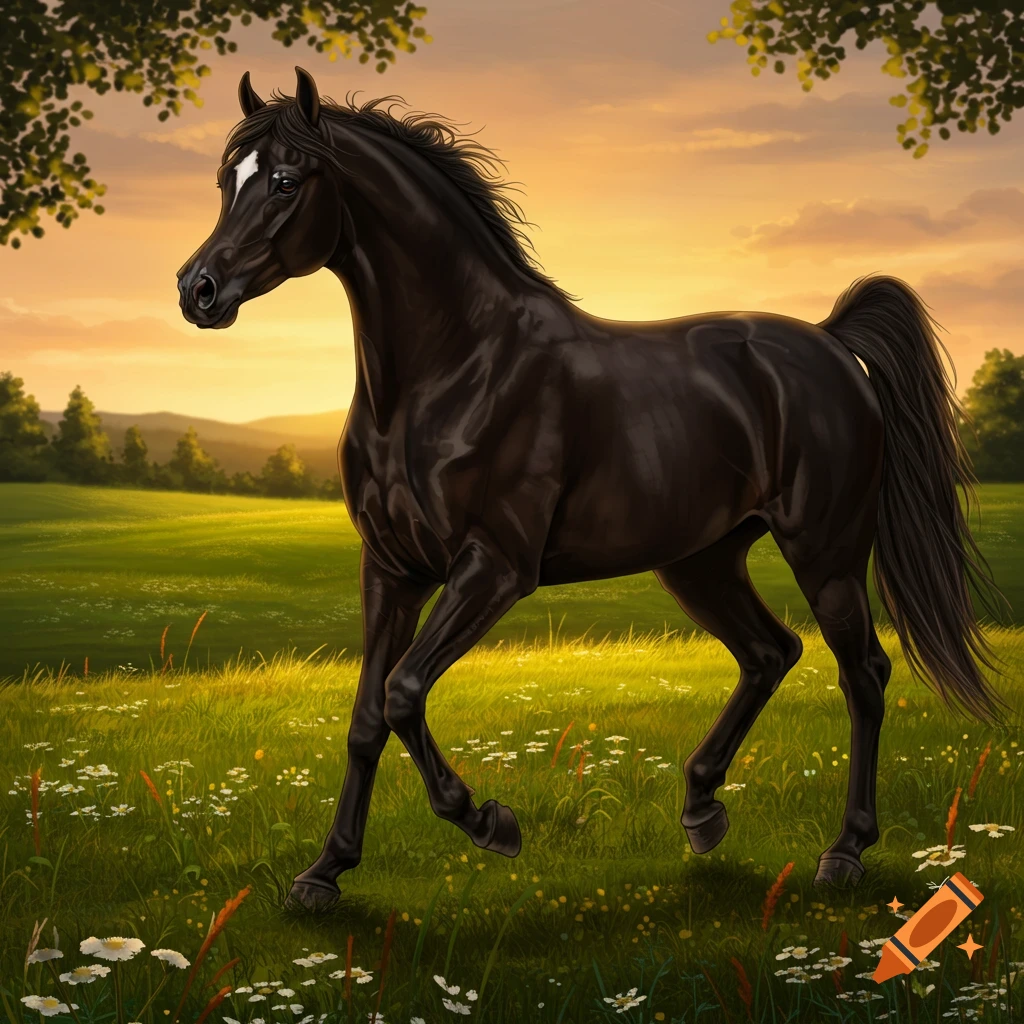 A majestic black Arabian horse with a white blaze walks through a vibrant green meadow dotted with white flowers at sunset.