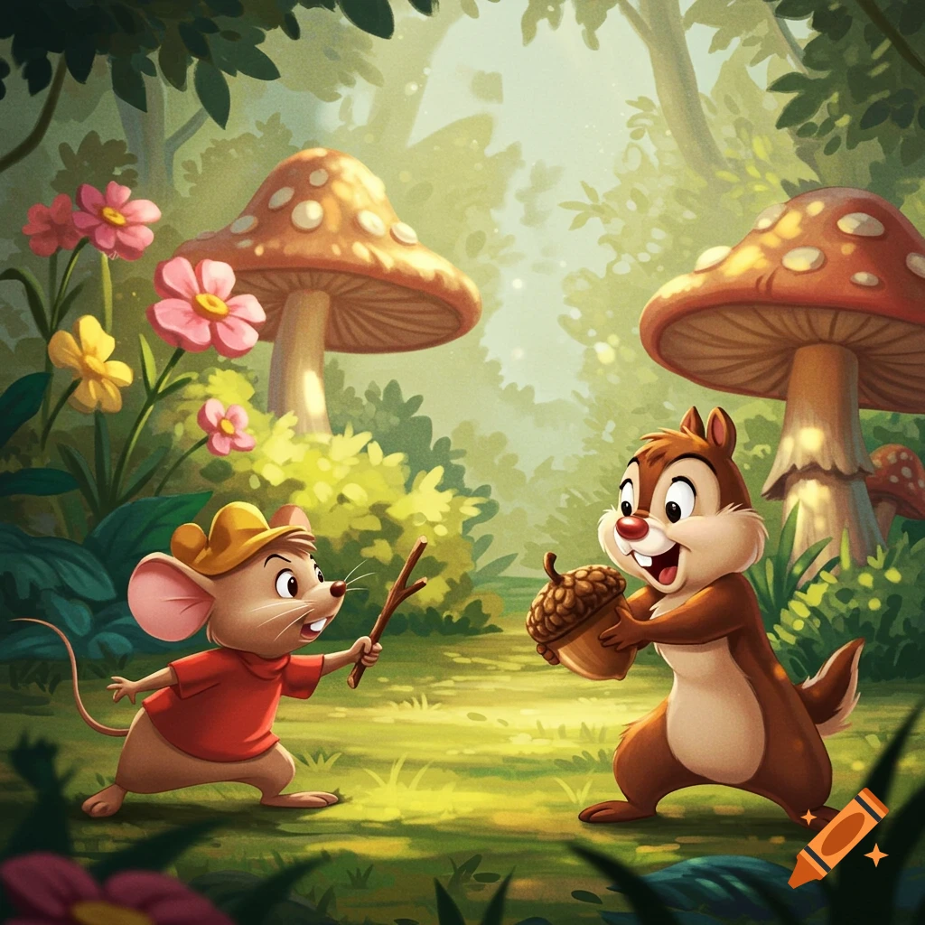 A cartoon mouse holds a stick while a chipmunk holds an acorn in a vibrant forest with large mushrooms and flowers.