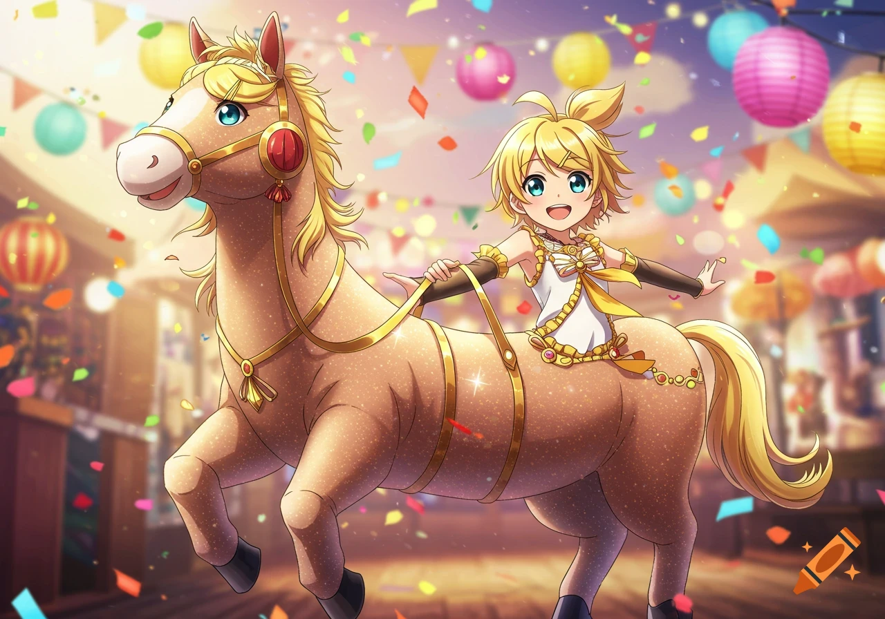 An anime character with blonde hair and blue eyes riding a sparkly golden horse costume at a colorful festival.