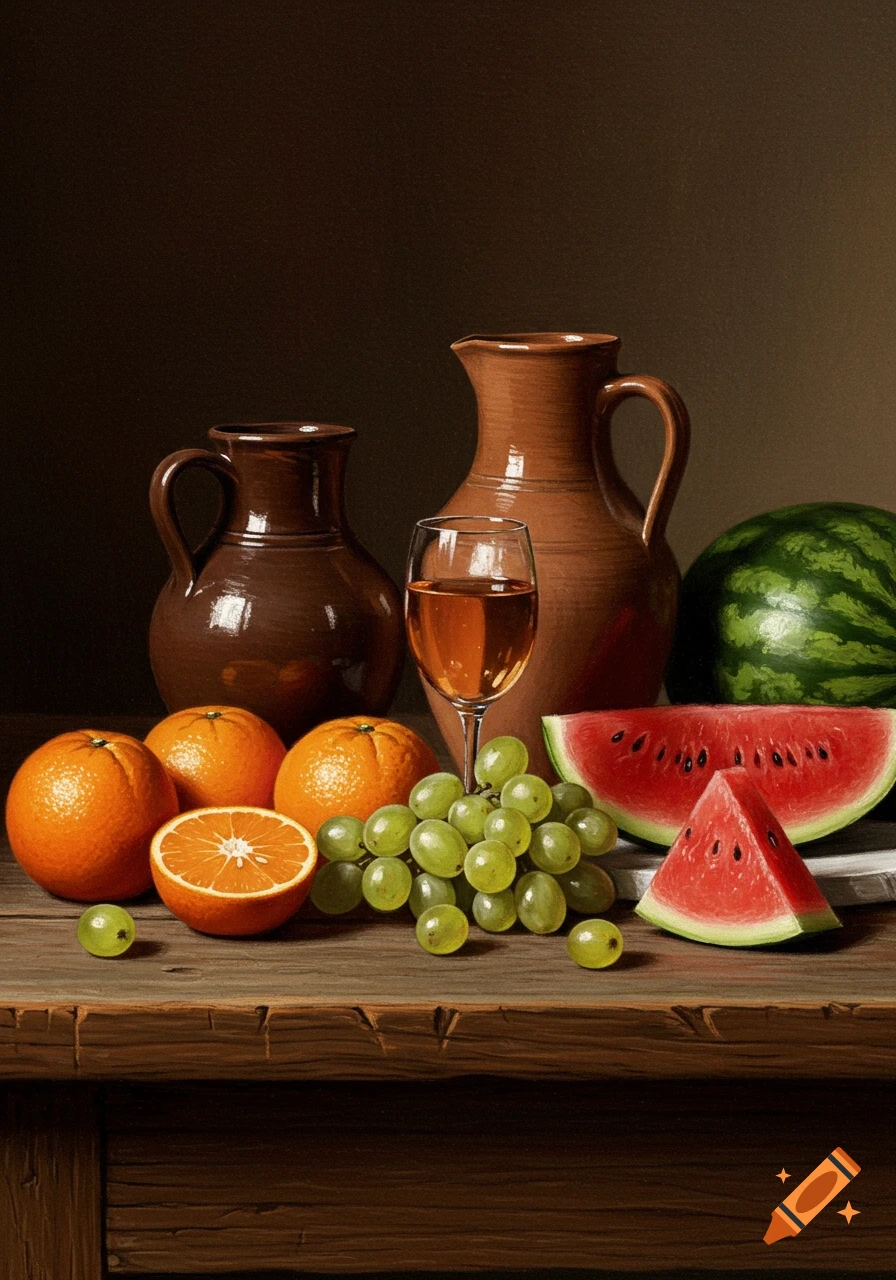 A realistic painting of a still life with oranges, grapes, watermelon, two ceramic pitchers, and a glass of wine on a wooden table.