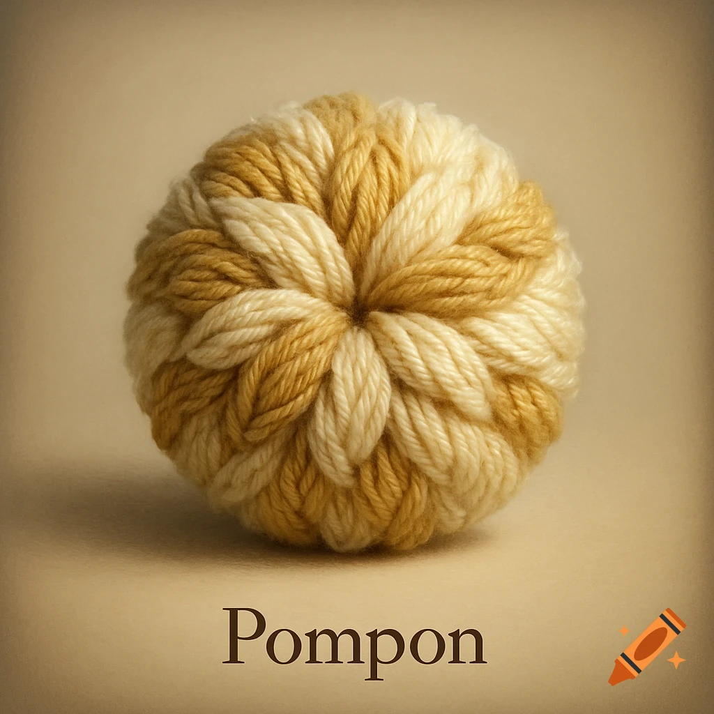 Cream and golden yellow yarn pompom in a floral pattern against a beige background, with 'Pompon' text.