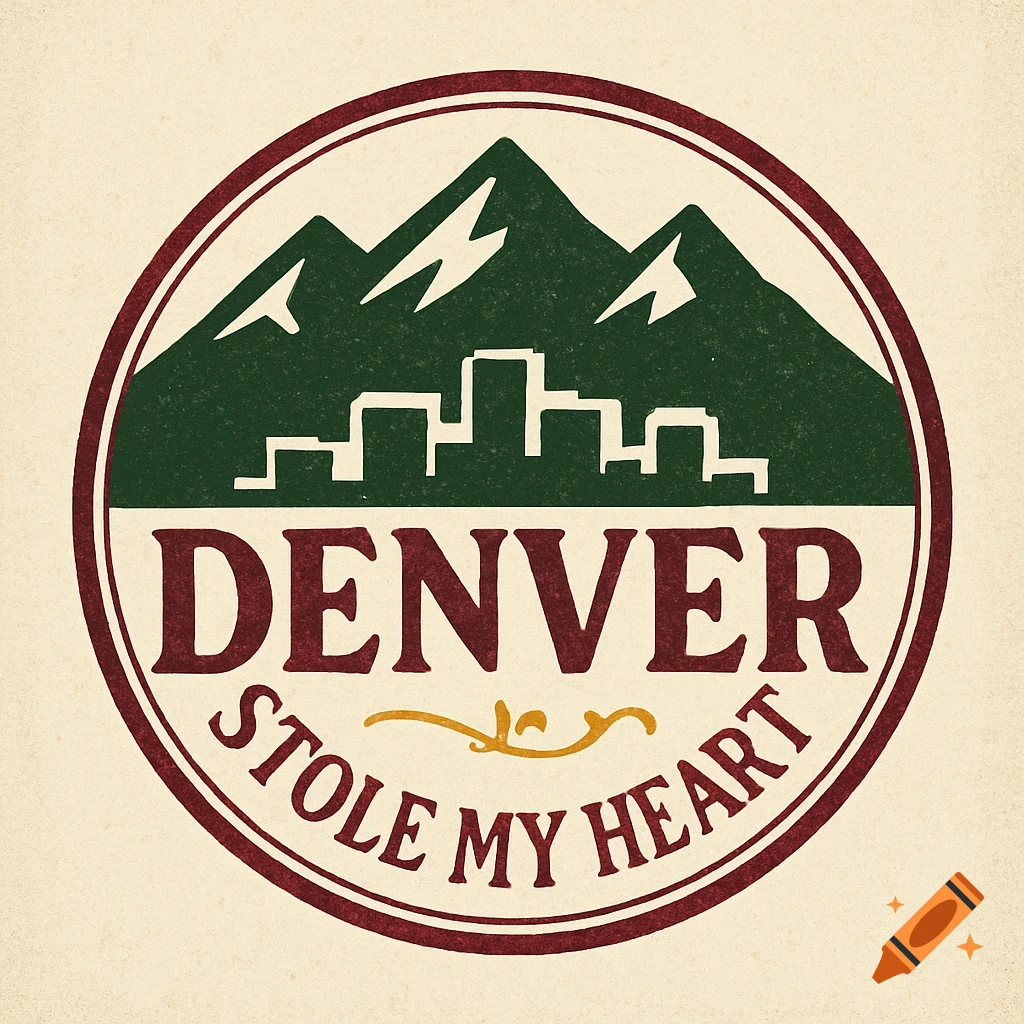 A vintage-style circular badge logo for Denver featuring mountains, a city skyline, and the text 'Denver Stole My Heart'.