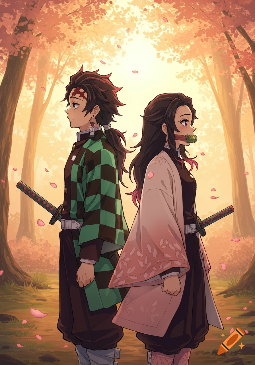 Anime boy and girl standing back to back in a cherry blossom forest at sunset.