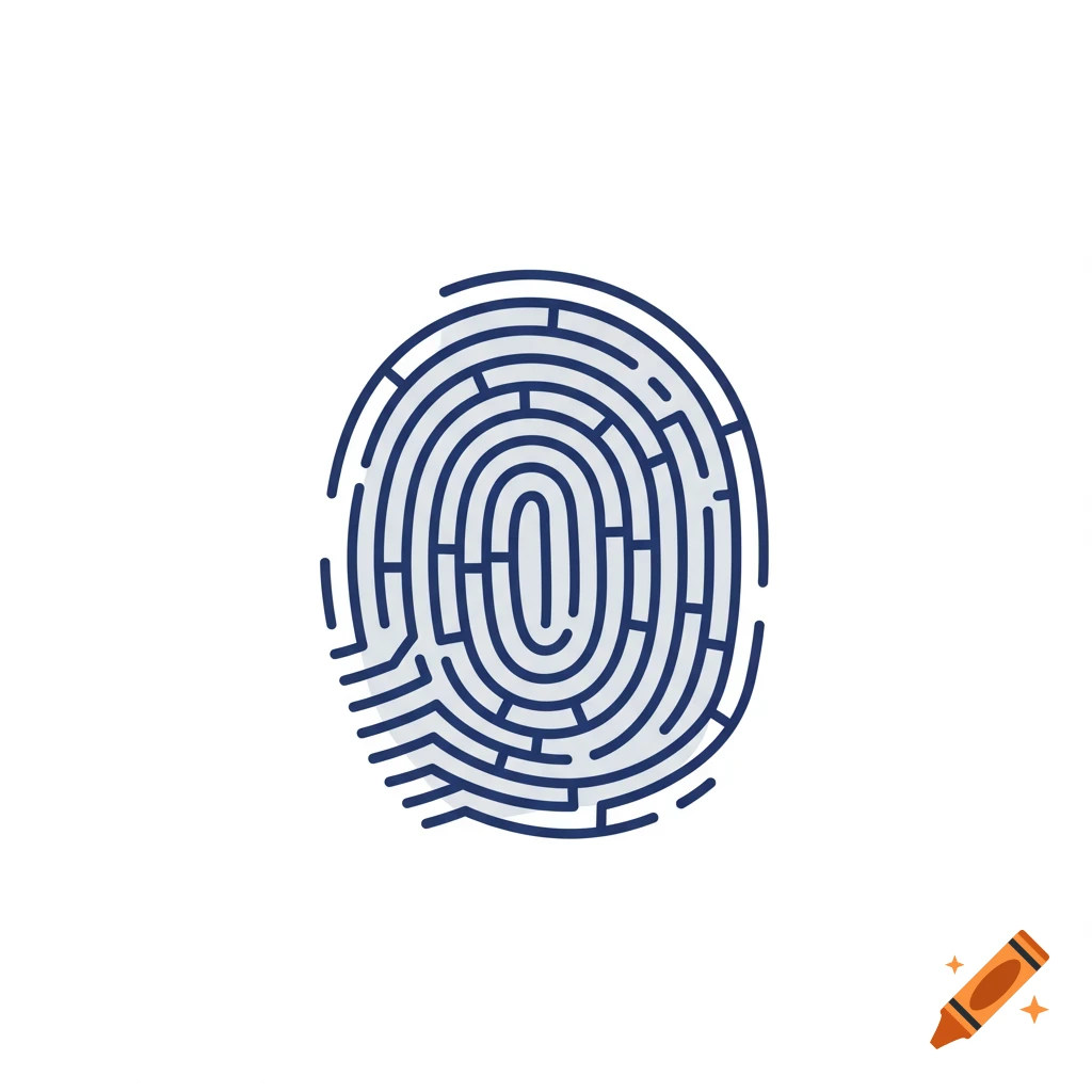 A minimalist vector illustration of a deep blue fingerprint outline with a light gray chaotic maze pattern inside on a white background.
