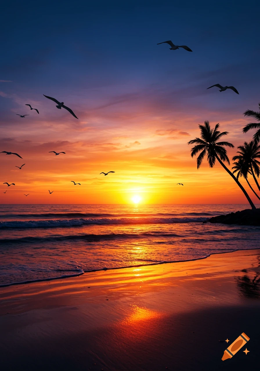 Vibrant sunset over an ocean beach with silhouetted palm trees and flying birds against a colorful sky.